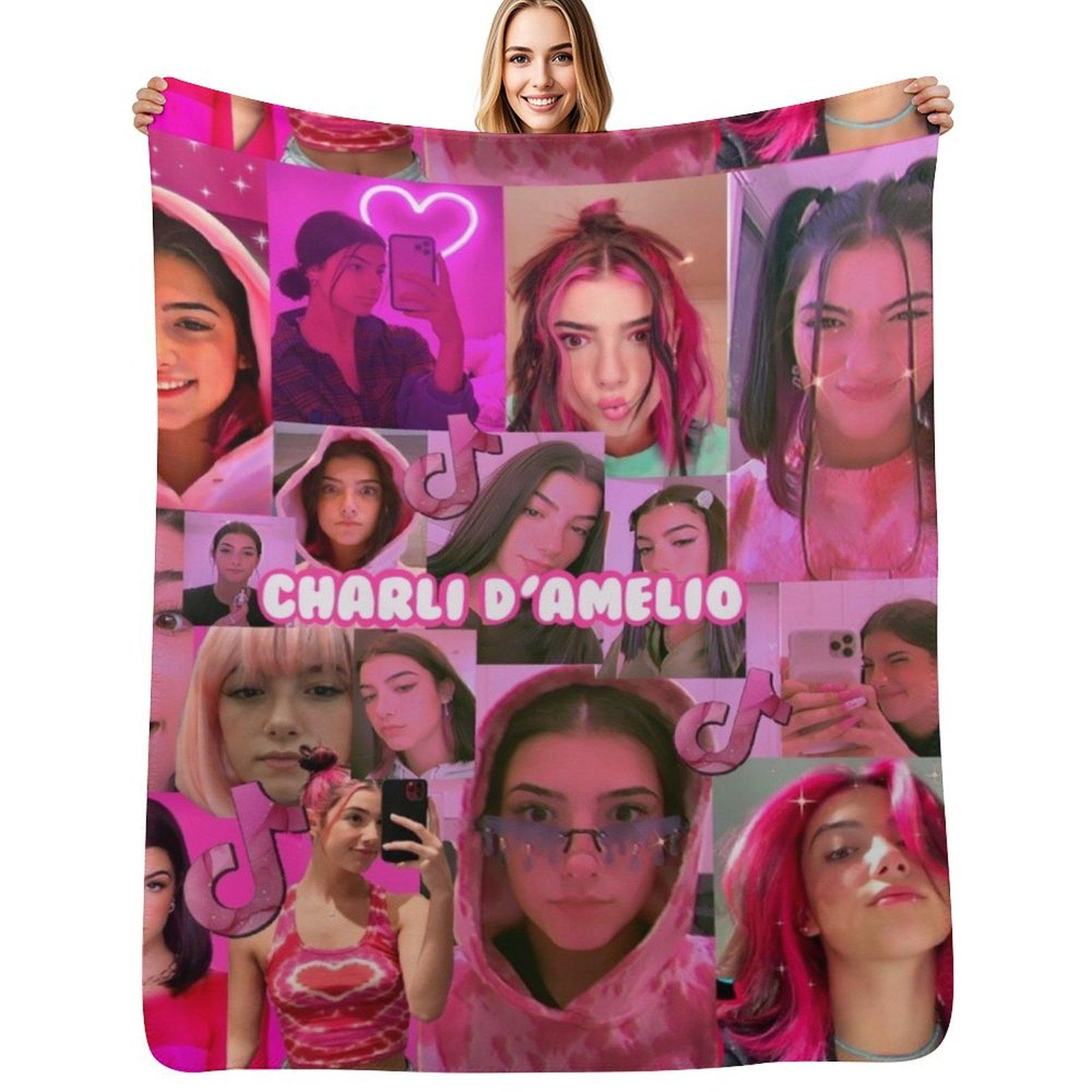 Pink Charli DAmelio collage Throw Blanket Cozy Warm Blanket for Bed Room Decor Size: 75*100cm, Weight: 230 GSM