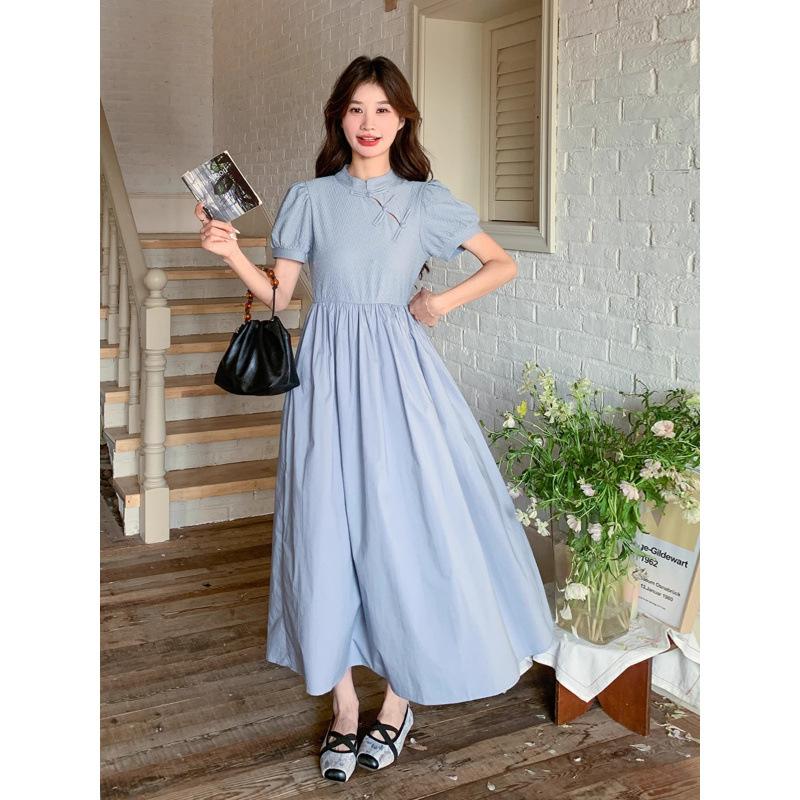 Blue New Chinese Dress, Summer Women's New Cheongsam Improved, Light and Mature, Foreign Style and Thin Long A-shaped Skirt