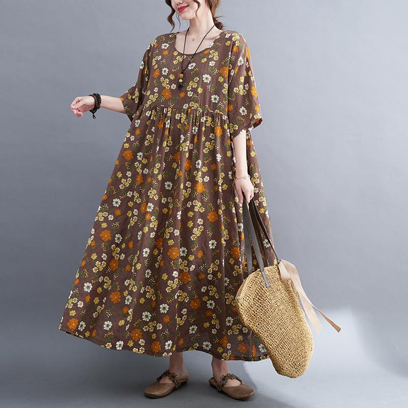 

DIMANAF Женское платье больших размеров 2024, новое летнее стильное платье с круглым вырезом и цветочным принтом, зеленое льняное базовое платье 5048 One Size