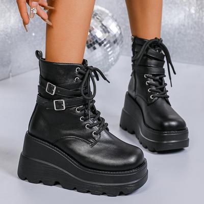 Mode Gotische Punk Platformlaarzen voor Dames Mode Dubbele Gesp Sleehoge Hak Enkellaarzen Vrouw Dikke Zool Zwarte Gevechtslaarsjes