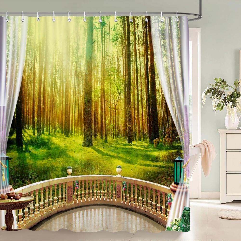 3D Waterproof Fabric Polyester Shower Curtains Patio Forest Nature Landscape Bathroom Curtains With Hooks Bathtub Decor Screen