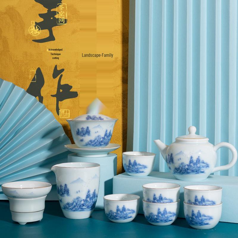 Celadon White Porcelain Tea Set with Gold Landscape: Complete Chinese Gaiwan Teapot and Teacup Set for Kung Fu Tea.