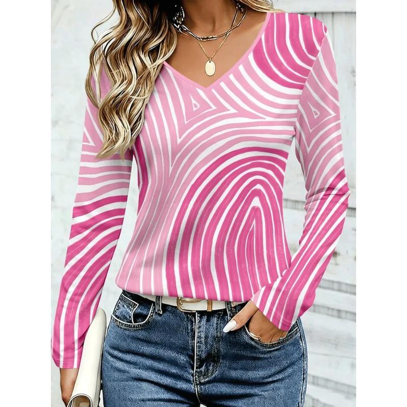 Women's Autumn and Winter 3D Color Striped Printed V-Neck Long Sleeve T-Shirt