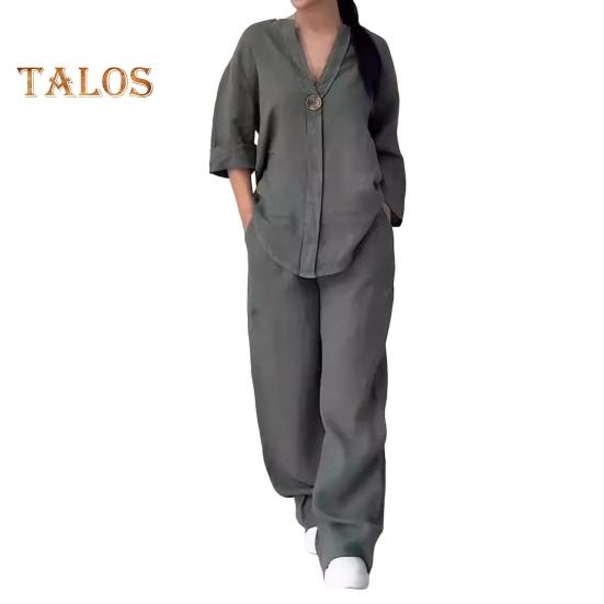 2-teiliges Set mit Bluse und Hose, V-Ausschnitt, langen Ärmeln, Oberteil mit Knopfdekor, weites Bein, lockerer Kordelzug, Hose mit elastischer Taille, OL, lässiges Homewear-Outfit