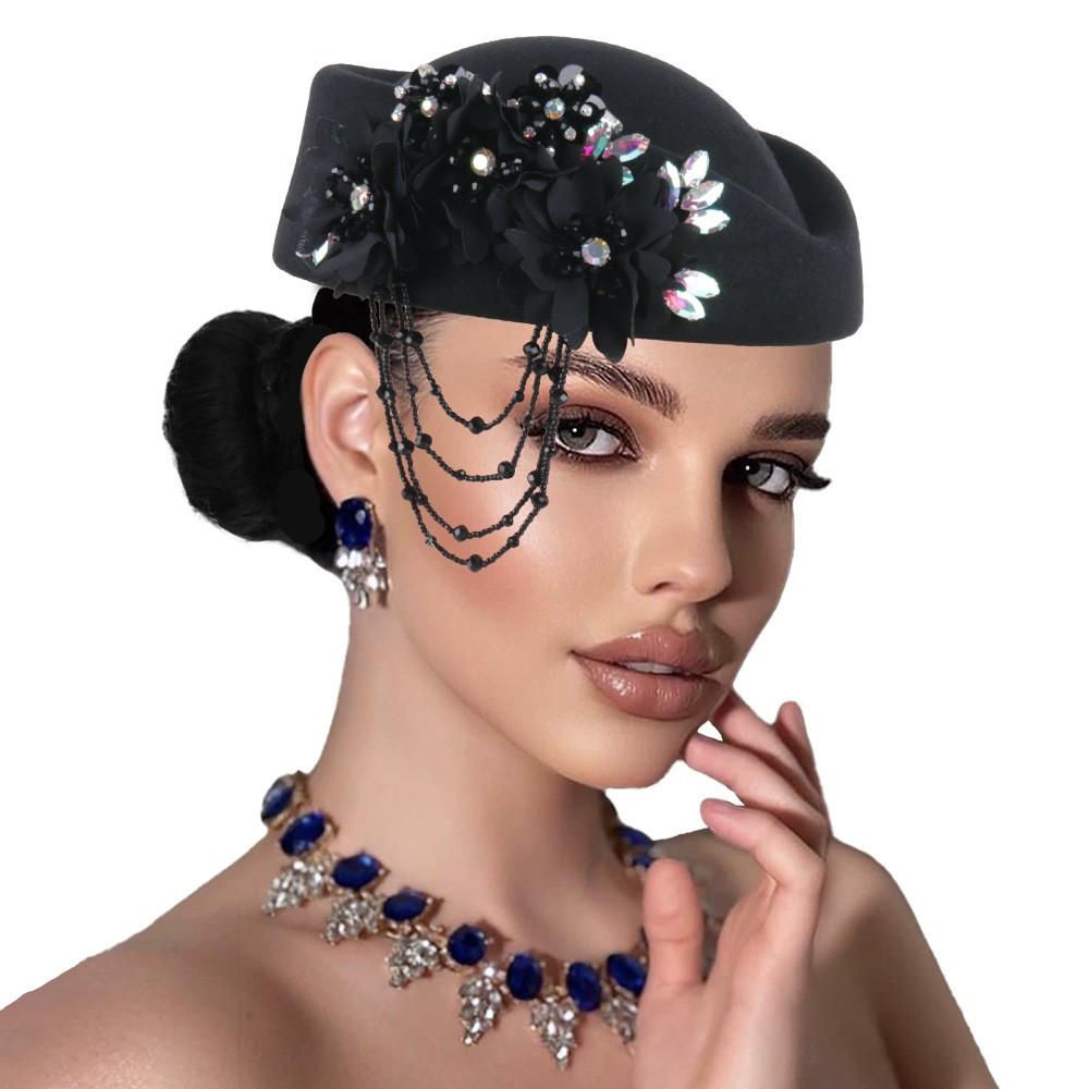 Felt Headscarf Hat Women s Church Rhinestone Accessory Fringe Ladies Soft Beret чёрный