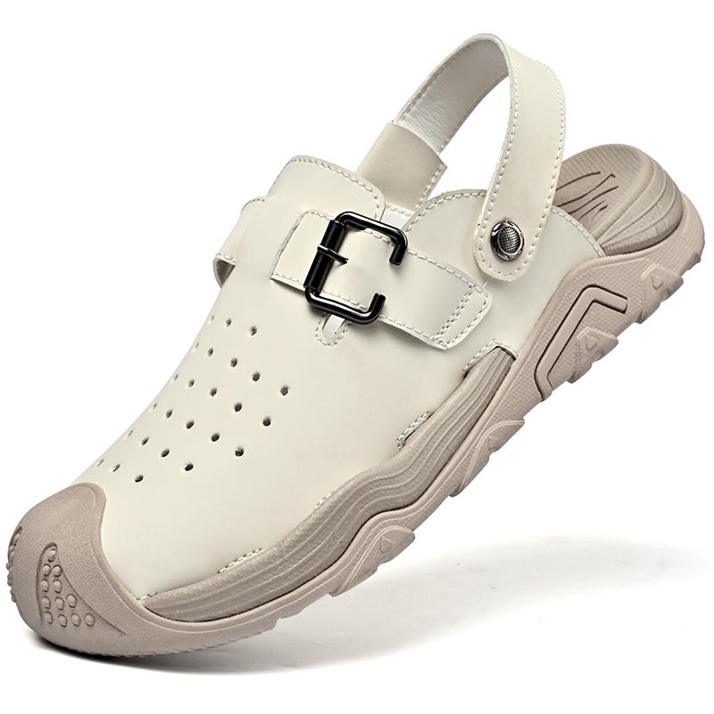 Summer New Arrival Men's Breathable Hollow out Leather Sandals Outdoor Non-Slip Closed-Toe Beach Shoes for Men Two-Way Use