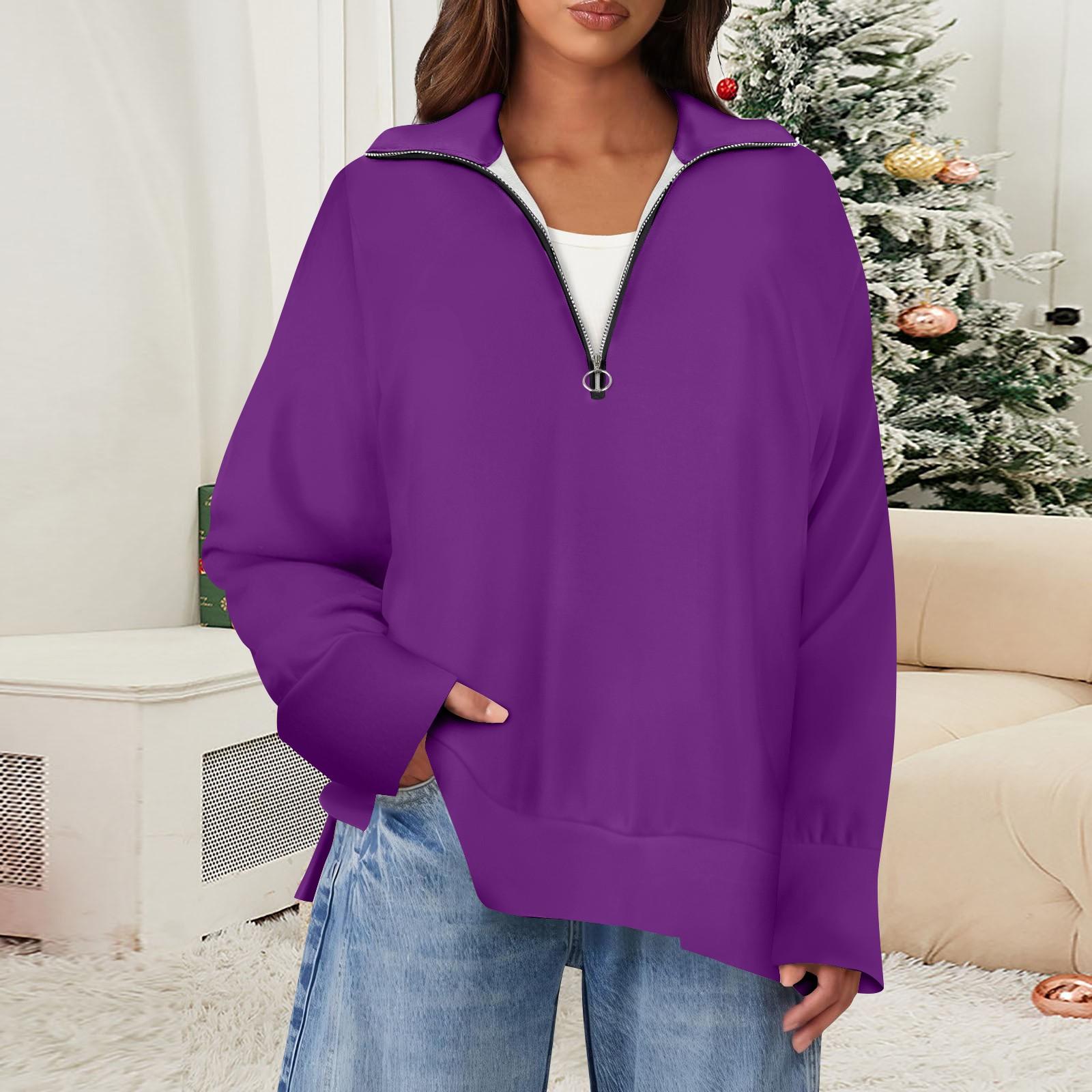 

Женский повседневный однотонный пуловер с застежкой-молнией на лацкане и боковыми разрезами, модная одежда L