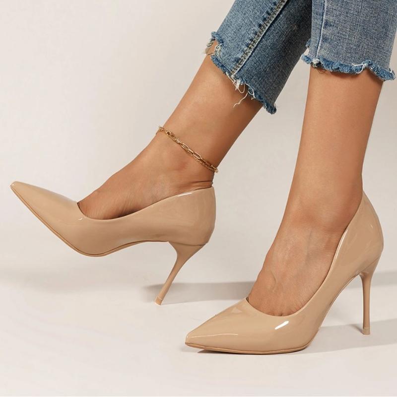 Fashion 2025 New Nude Pumps for Women High Heel Shoes Female Fashion Patent Leather Sexy Pointed Toe Thin Heel Wedding Shoes Plus Size