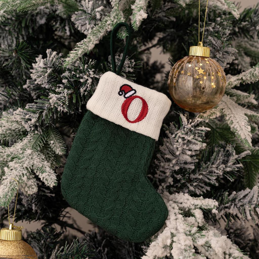 Haobei Green Knitted Christmas Stocking with Embroidered Lettering – Woolen Gift Bag Décor