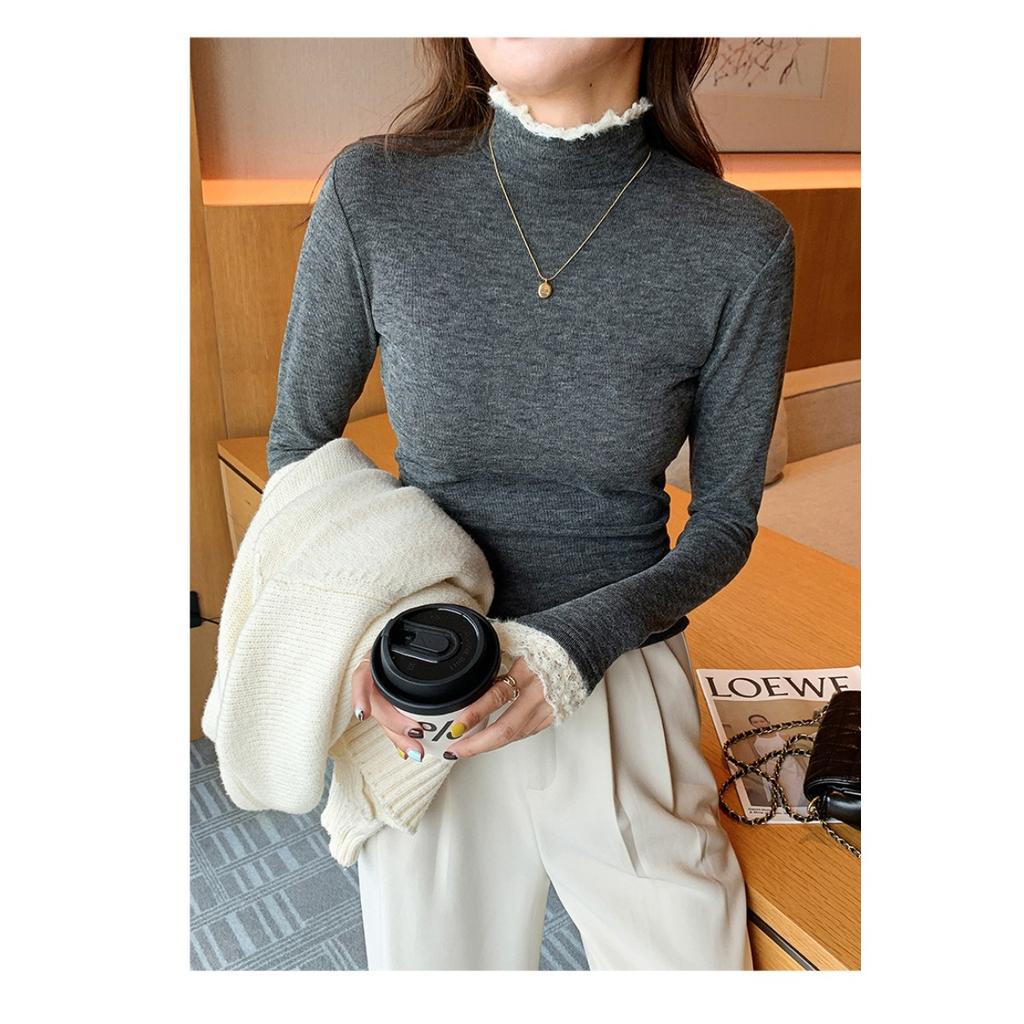 Lace Patchwork Half High Neck Base Sweater for Women, Autumn and Winter Thread Slim Fit Sweater, Lace Knit Sweater, Inner Top