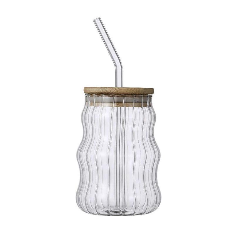 High-Value Cloud Cup: Ribbed Borosilicate Glass with Straw for Milk & Coffee