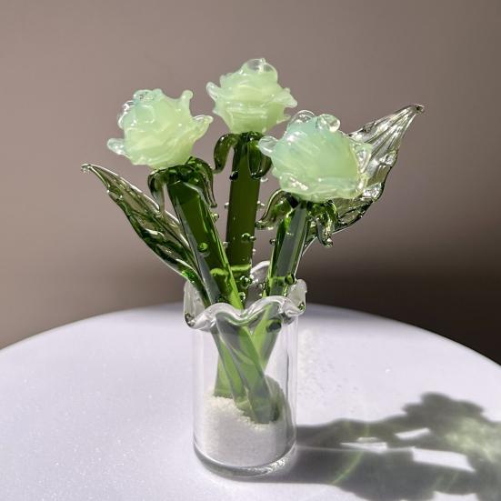 1 Stück/1 Set Mini Glas Rosenblumen Dekoration mit Stiel Handgefertigte Glas Blumenfigur Zuhause Wohnzimmer Mundgeblasenes Blumenstrauß Ornament