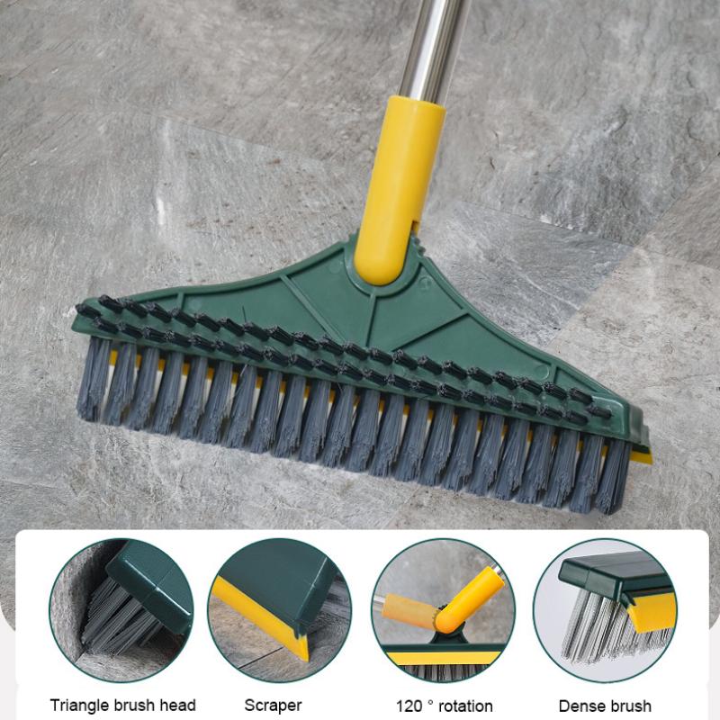 Scrub Brush Tile Cleaner Brush With Scraper With Squeeze 3-Section Adjustable Bathroom Brush With Long Handle V-Shaped Bristles