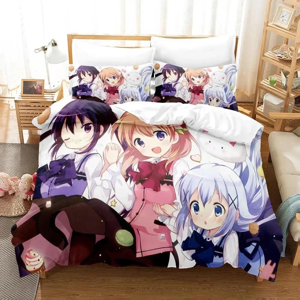 Anime Is the Order a Rabbit Bedding Set Duvet Cover Bed Set Quilt Cover Pillowcase Comforter King Queen Size Boys Adult