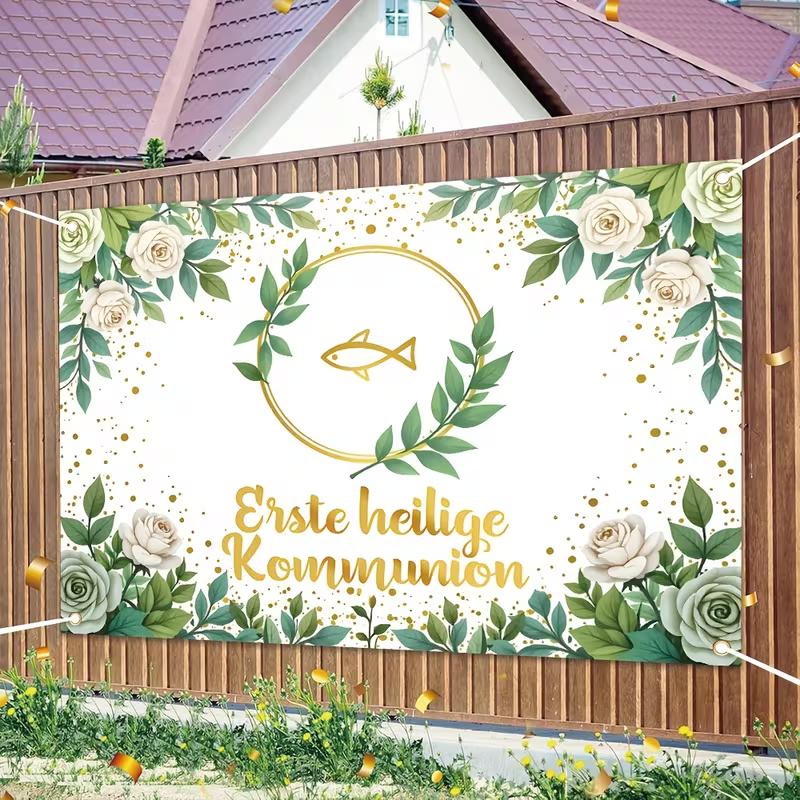 Erste heilige Kommunion Tapestry, First Holy Communion Backdrop with Gold Fish, Religious Party Decor