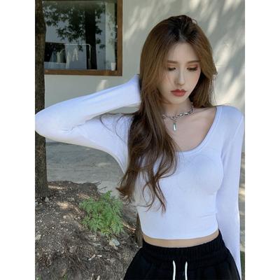Tight Bodysuit for Women In Spring and Autumn Short Inner Wear Sexy Navel-open U-neck Collarbone T-shirt Pure White Base Shirt