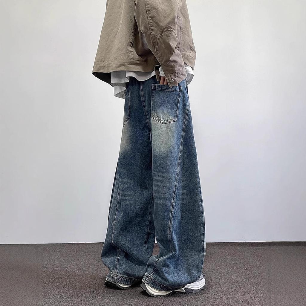 American High Street Wide-leg Jeans Men's Trendy Brand Deconstruction Washed Loose Casual Mopping Versatile Couple Trousers