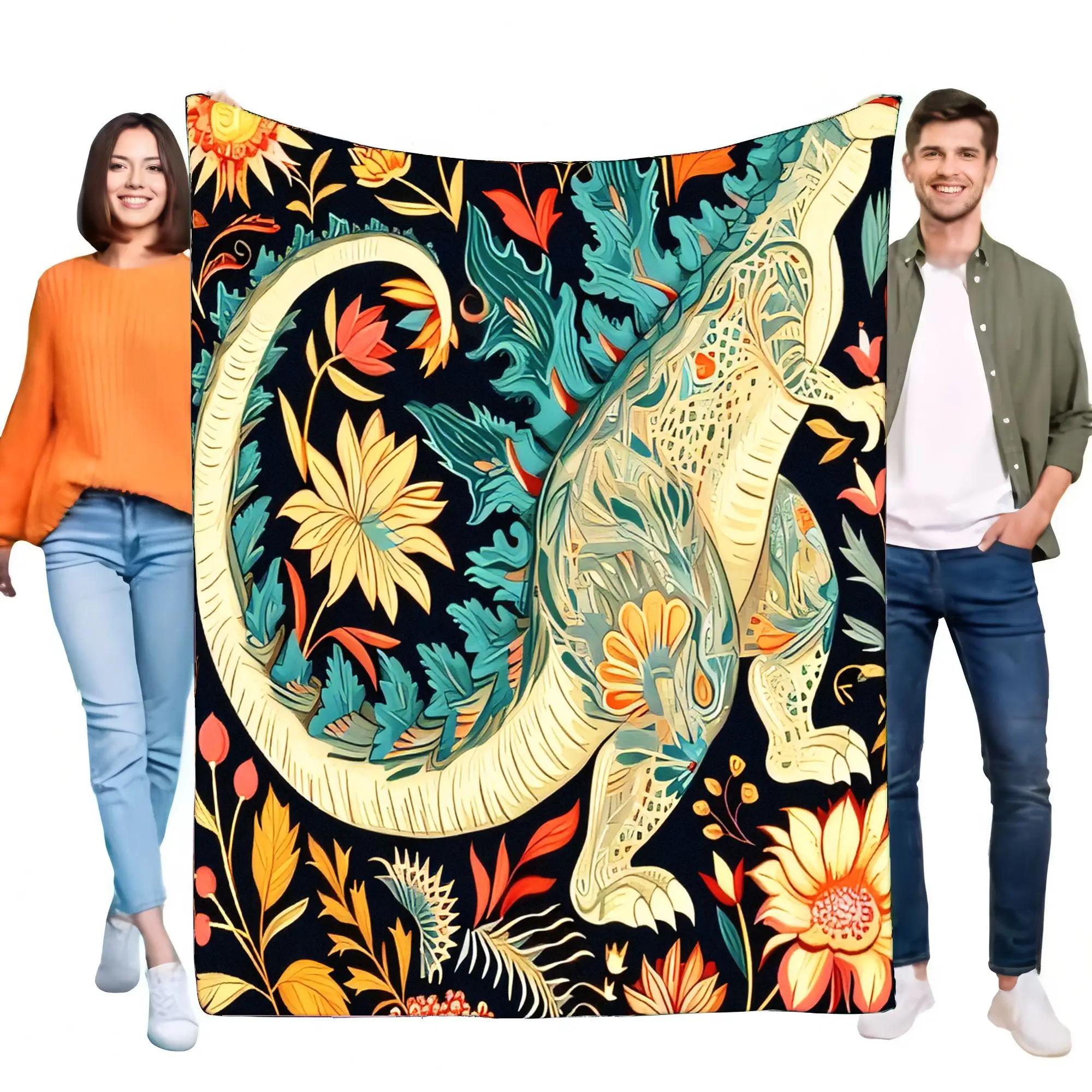 Art Nouveau Style Dinosaur Blanket, Soft Warm Cozy Floral Fleece Throw for Bed Couch Sofa Unique Home Decor & Gift 75x90cm