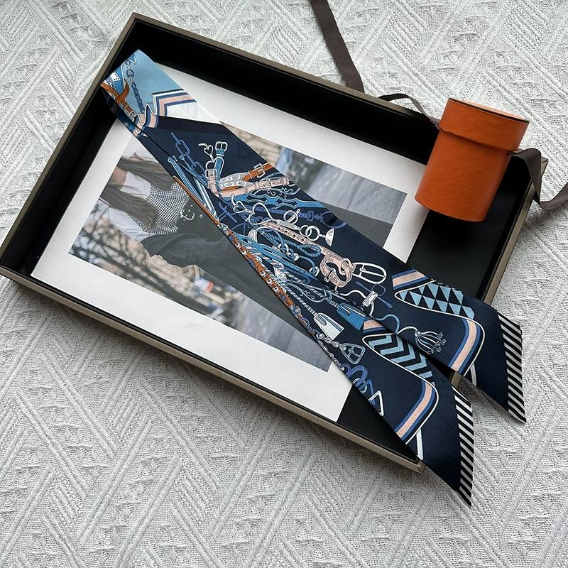 

86*5CM Long New Design 100% Silk Scarf Women Sweet Hair Tie Skinny Bag Scarves Neckerchief 5x86cm