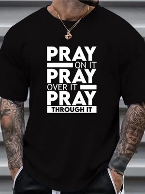 Men's Pray Graphic 100% Cotton Print T-shirt, Casual Comfy Crew Neck Short Sleeve Tee For Summer Outdoor, Men's Clothing. - M...