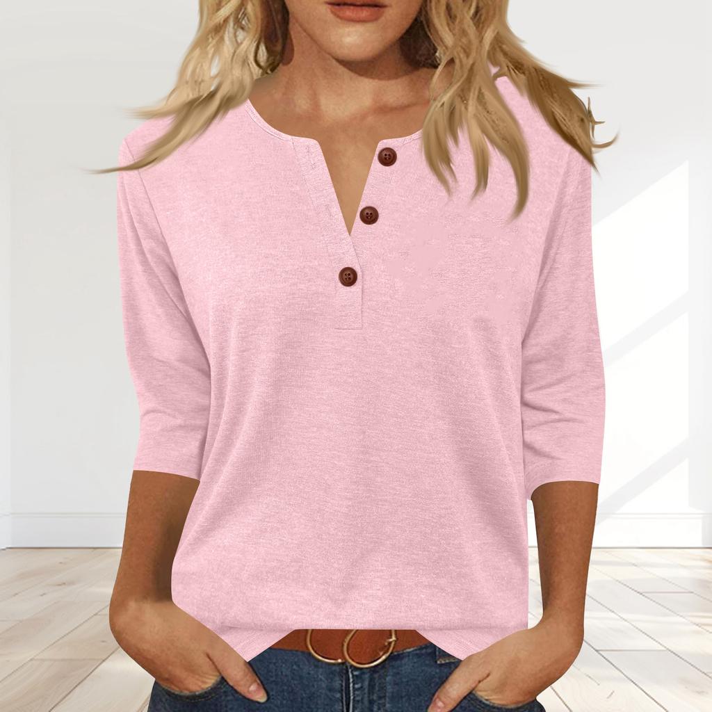 Women's Fashionable Casual Button-down Collar Three-quarter Sleeve T-shirt Top
