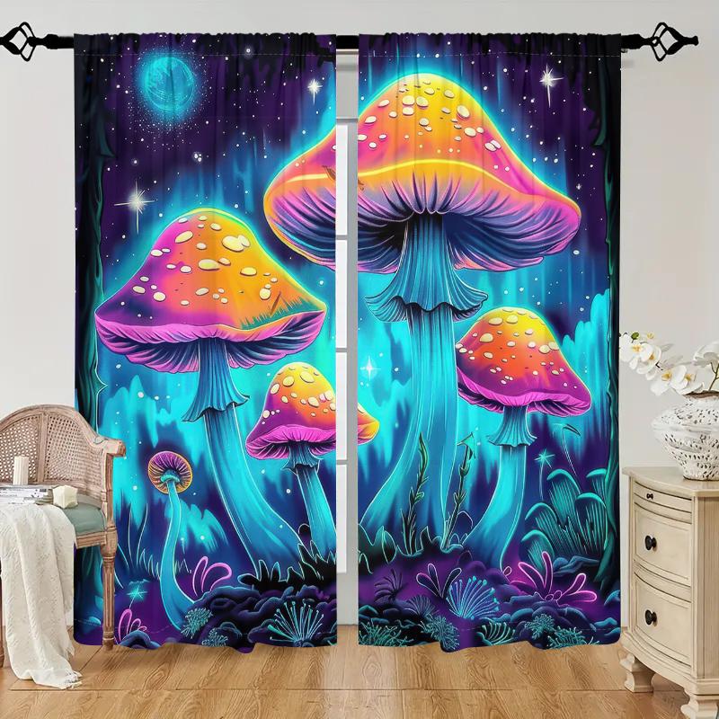 2Pcs Fantasy Mushroom Curtains Glowing Night Scene Pattern Living Room Bedroom Balcony Sunshade Magical Art Decor Curtains