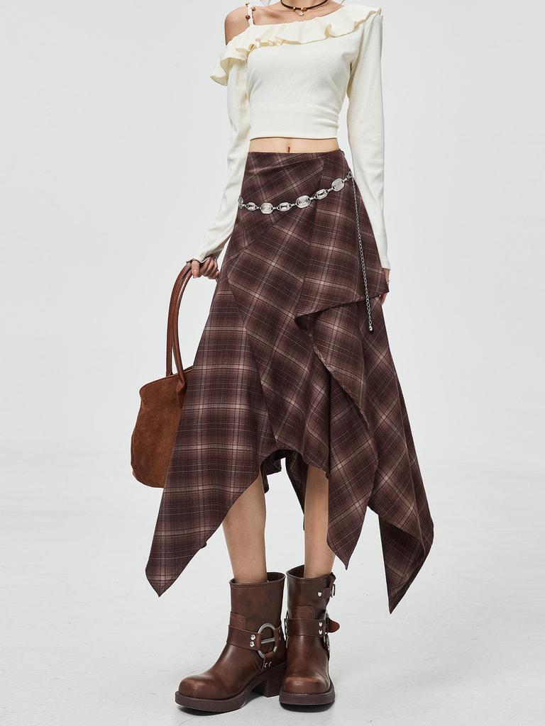 Women's Retro Plaid Woolen Skirt - Irregular Slimming Design for Autumn/Winter