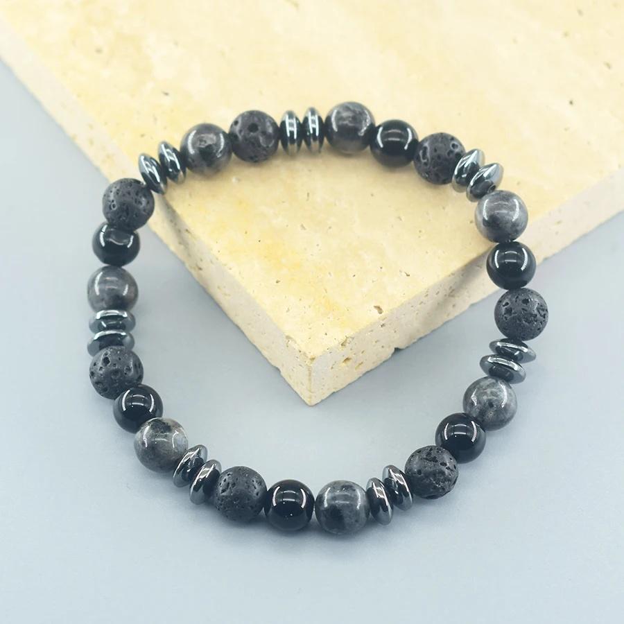 Klassisches Schwarzes Natürliches Labradorit Vulkangestein Perlen Armband Damen Herren Spiritueller Schutz und Energetische Balance Schmuck