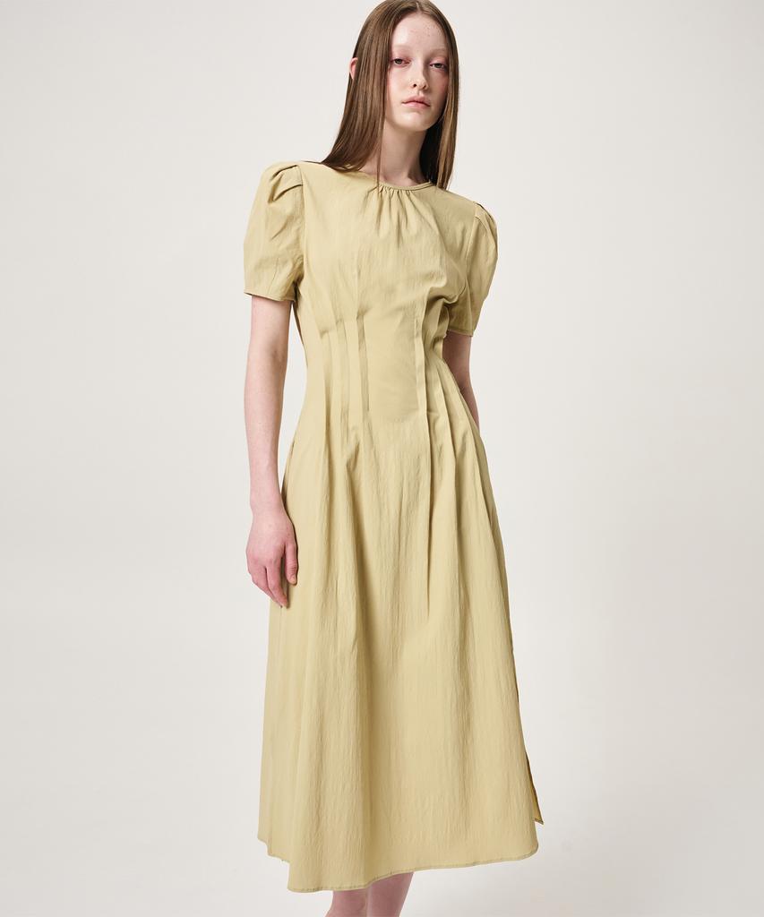 Etmont Waist Pintuck Dress, Olive Yellow