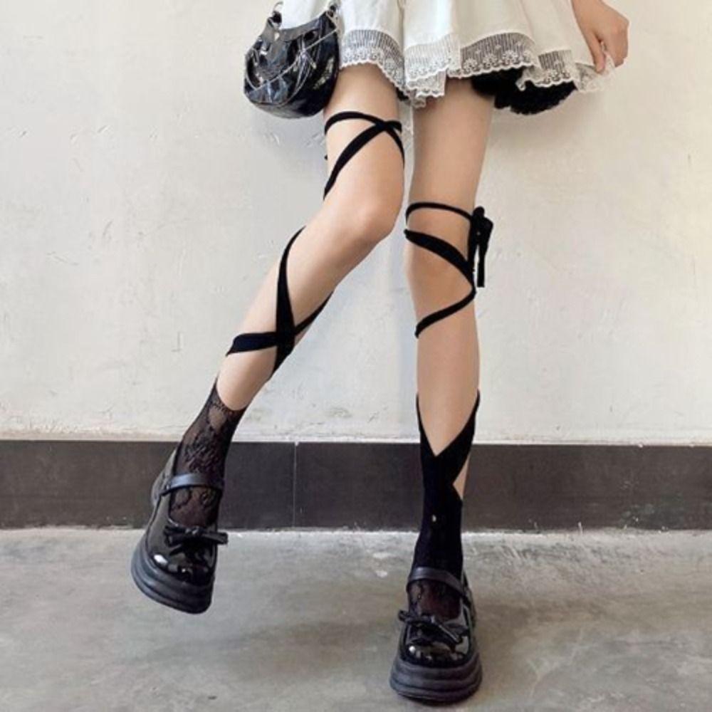 

2Pairs Hollow JK Lace-up Stockings Irregular Straps Mid Tube Socks Women Cute Split Toe Socks Gift 2Pairs Black