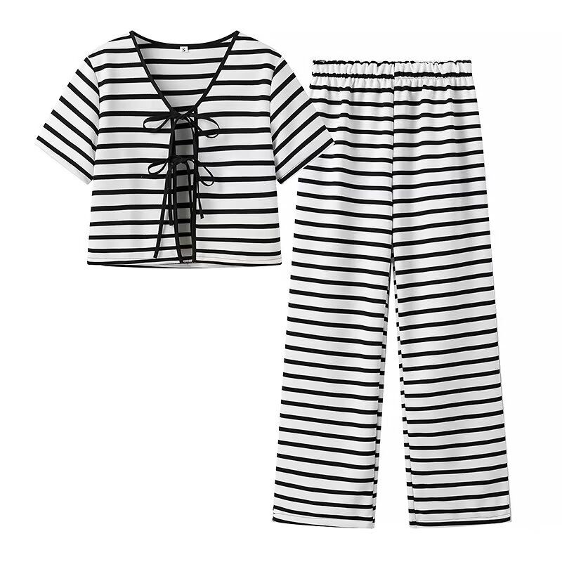 

Kaslead New Arrival Women s Clothing Fashion Style Fashion Casual Stripes Knitted Short-Sleeved Shirt Pants Suit Suit L