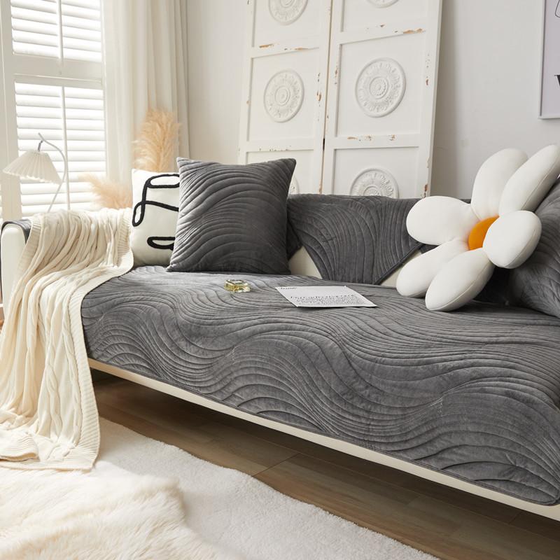 Winter New Solid Color Crystal Velvet Quilted Embroidered Sofa Cushion, Simple Super Soft Non-Slip Sofa Seat Cushion Towel Cover