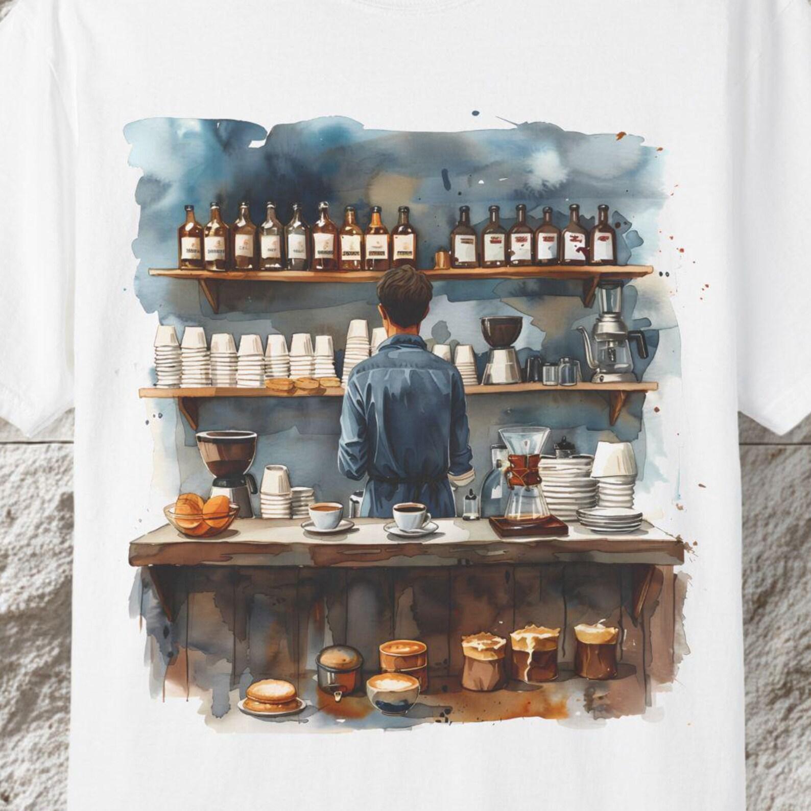 Watercolor Barista Art T-Shirt, Cozy Coffee Shop Tee 2XL