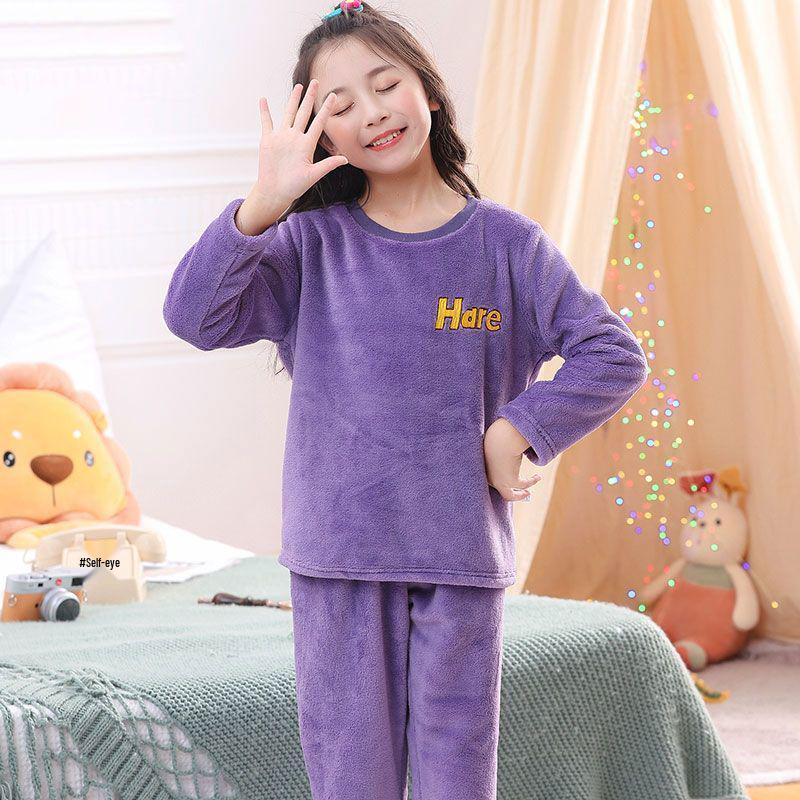 Flannel Boys' Pajama Set - Coral Fleece, Medium-Large, Plus Velvet, Thickened for Autumn/Winter