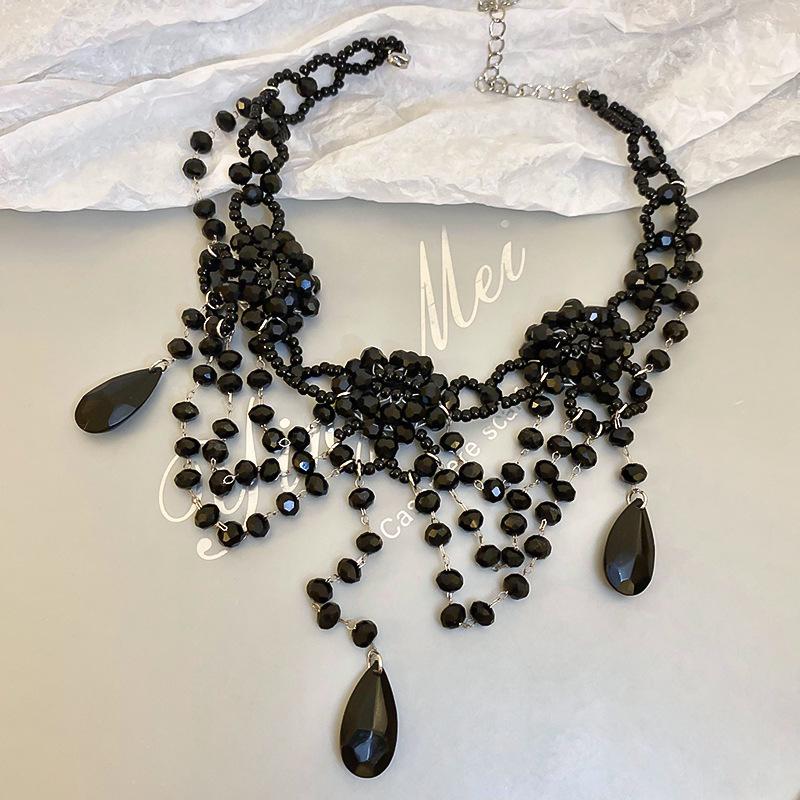Dark Style Multi-Layer Teardrop Seed Bead & Crystal Flower Necklace - Punk & Elegant Women’s Clavicle Accessory