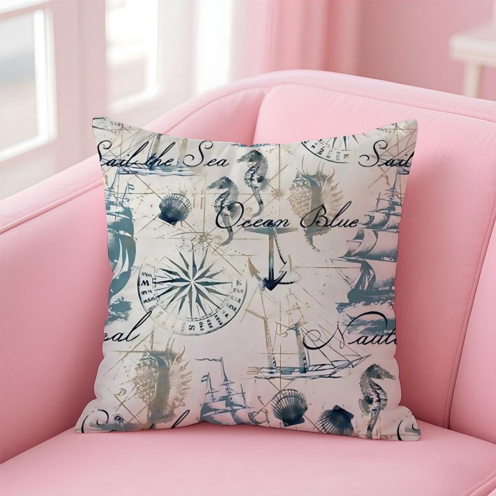 Marine Theme Rudder Anchor Animals Cushion Cover Pillow Case Soft Friendly Fabric  Concealed Zipper