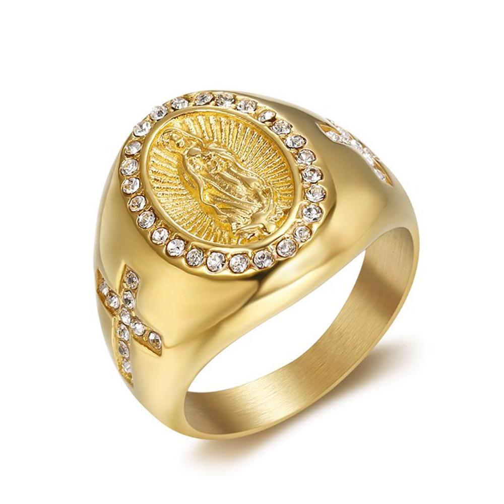 Náboženský Iced Out Zirkonový Prsten Panny Marie Dámský Zlatá Barva Nerezová Ocel Madonny Prsteny pro Ženy Křesťanské Šperky Dárek 2025