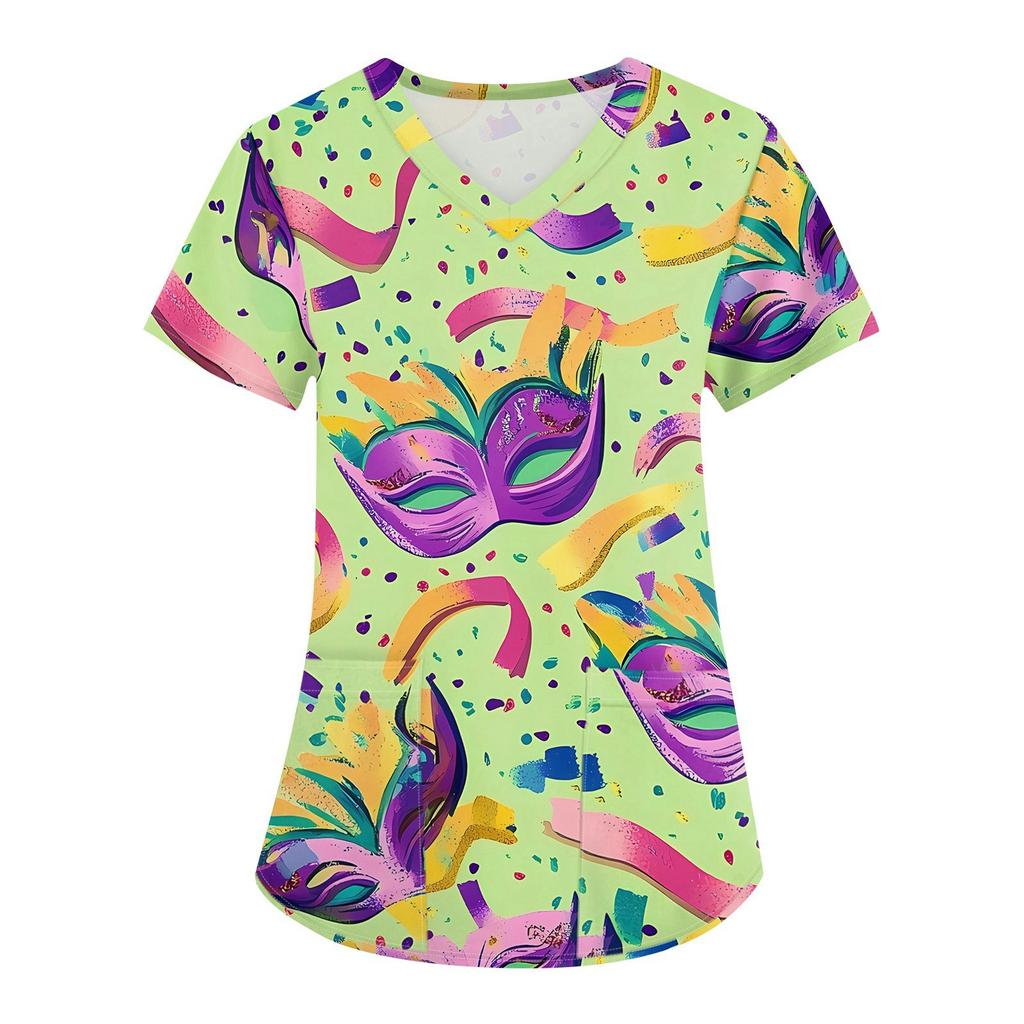 Women's Fashion V-neck Short Sleeve Workwear With Pockets Printed Tops