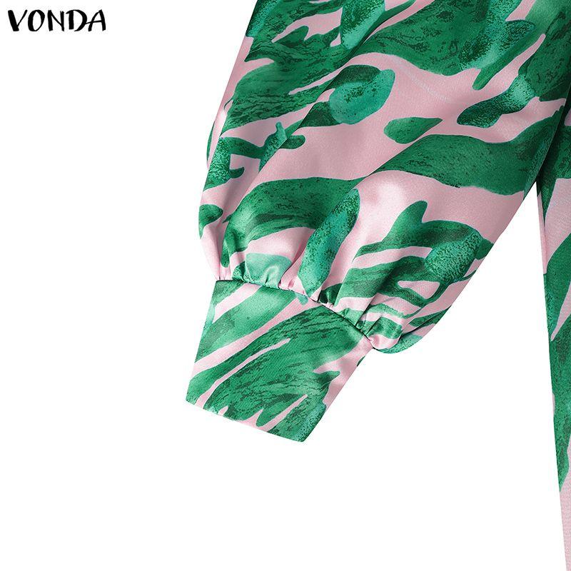 VONDA Oversized Women Casual V Neck Long Sleeve Floral Print Belt Smooth Loose Dress