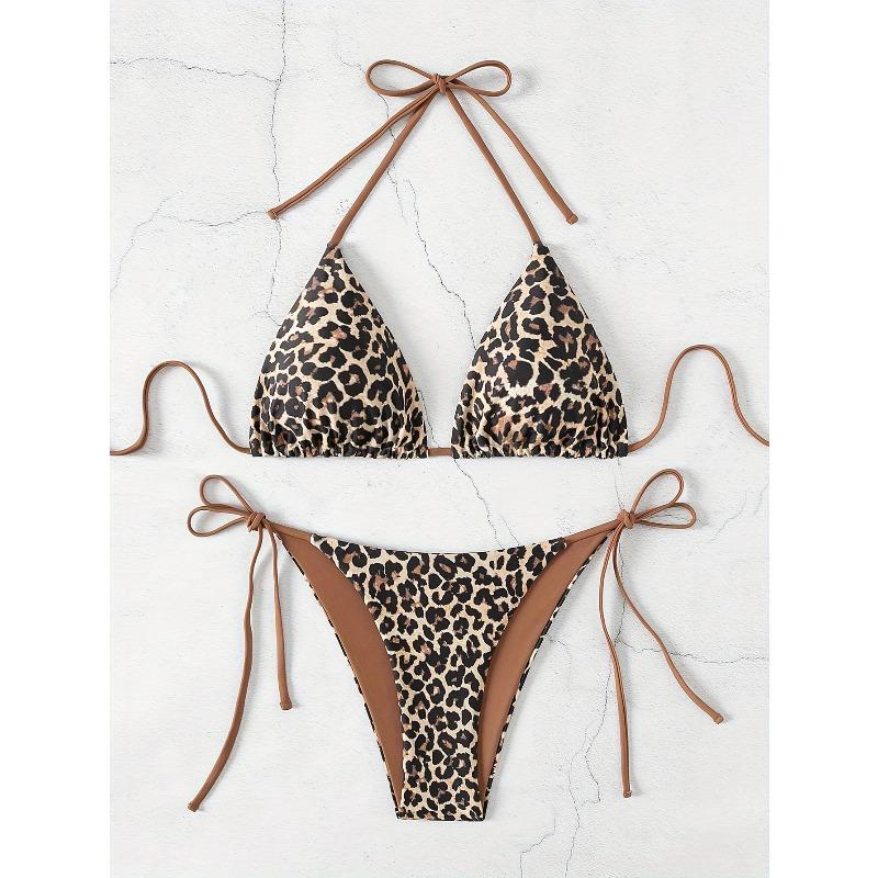Cross-Border Leopard Print Wireless Swimsuit, Sexy Tie Side Bikini for Women KTY XS шоколадный