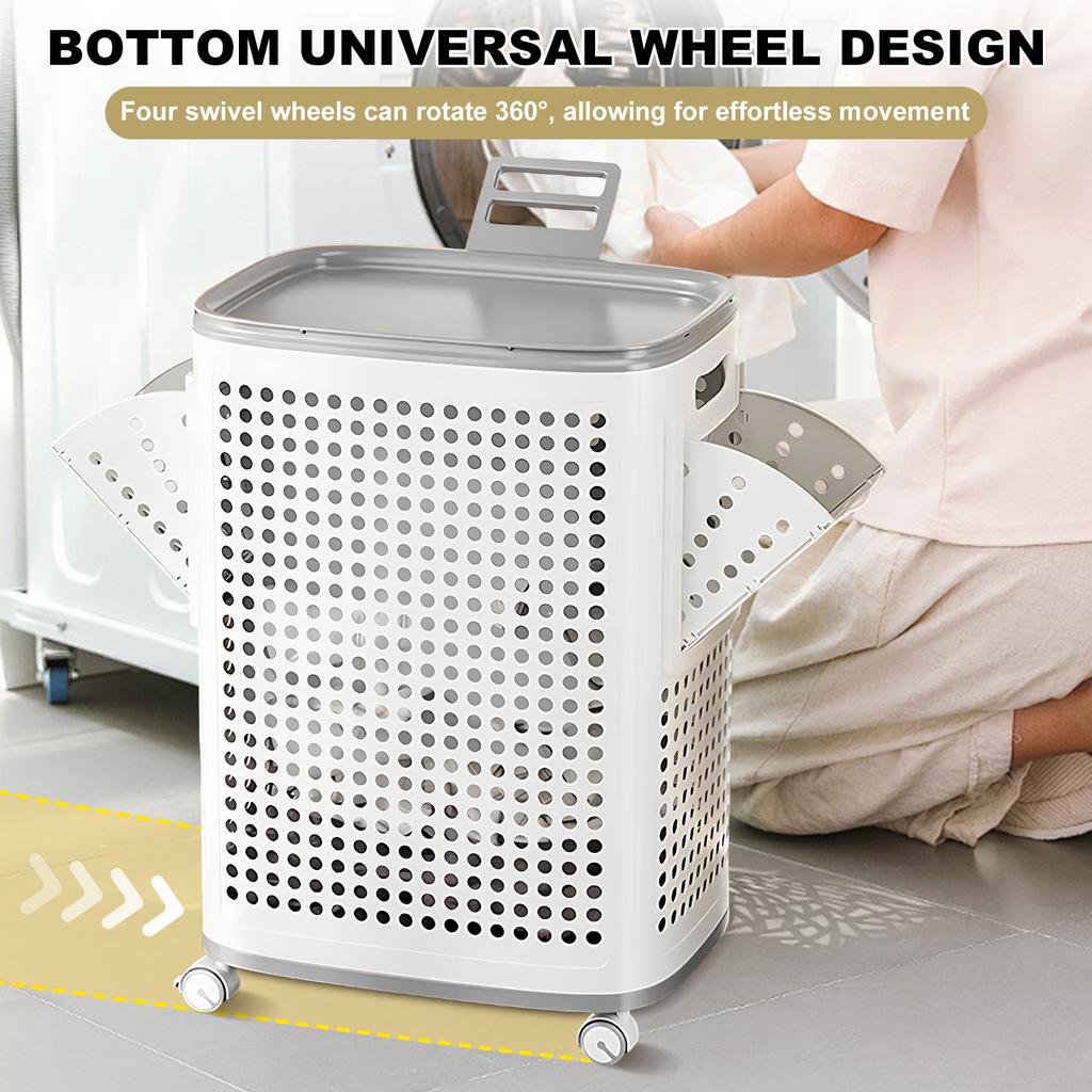 Dirty Clothes Basket Large Capacity Hollow Out Laundry Basket with Wheels Bathroom Organizer W/ Lid Washing Basket for Home Use