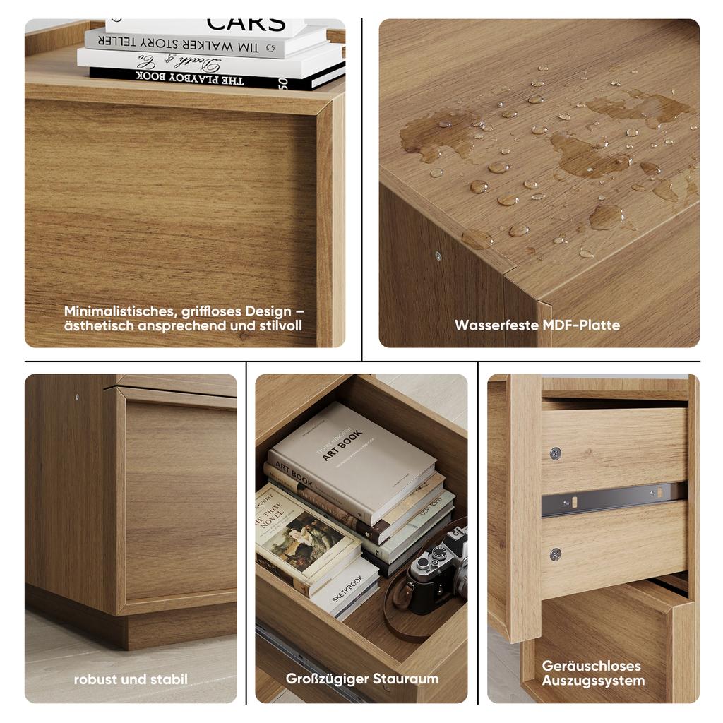 Mid-Century Modern Nightstand made of Oak, 38 x 48x 50 cm, Bedroom Nightstand, Handleless Drawer Design, 1 Piece.