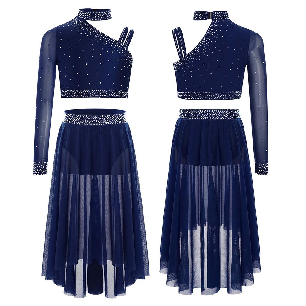 Complete Lyrical Performance Outfit for Girls Unique Shoulder Design Crop Top & Flowy Irregular Hem Mesh Skirt Set