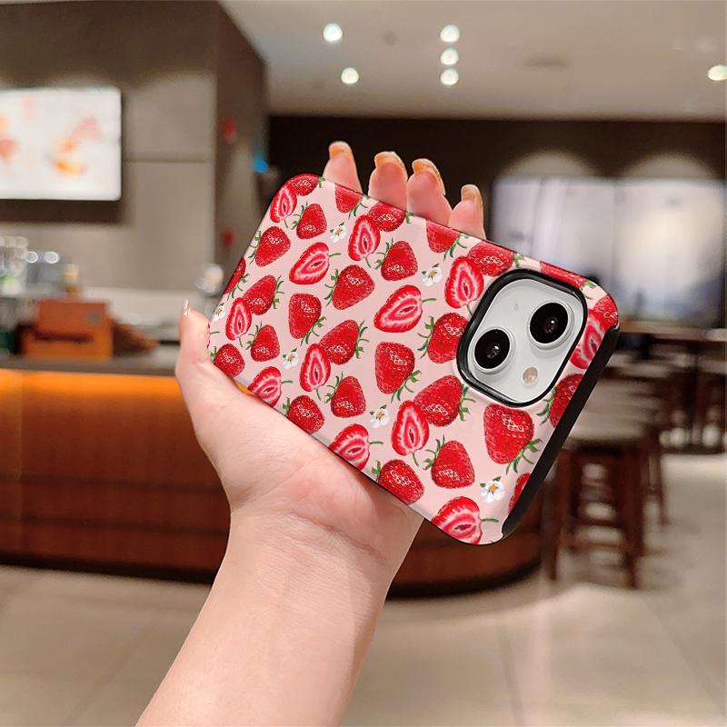 Pink Base Fresh Strawberry Tiny Flower Print Soft Silicone Phone Case Cute Girly Fruit Aesthetic Shockproof Protective Cover For All Iphone Models