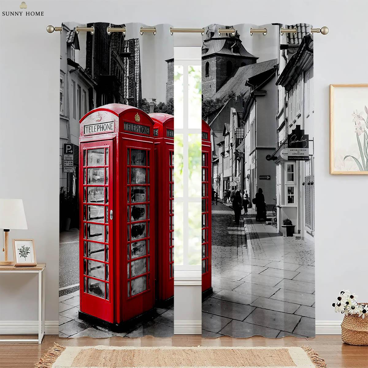 

Black And White Vintage Building Red Bus 3D Pattern Printing Curtain Bedroom Space Living Space Kitchen Area Study Room Ornamental Curtain W50xH140(CM)x2PCS&Rod pocket