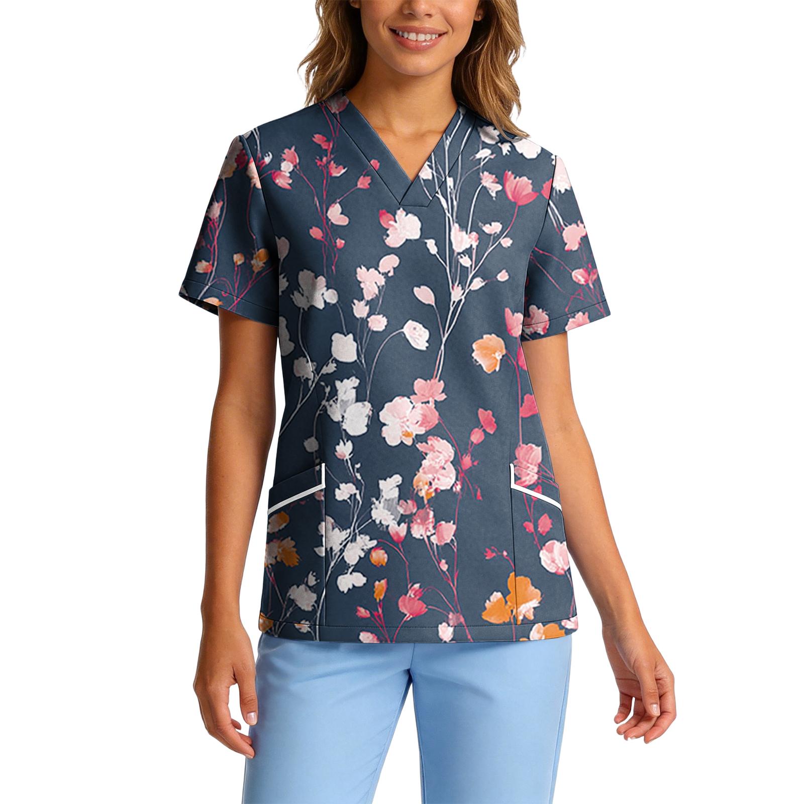 

Women’s Stretch Quick Dry V Neck Short Sleeve Floral Print Scrub Top with Pockets for Healthcare and Work Uniforms XXL
