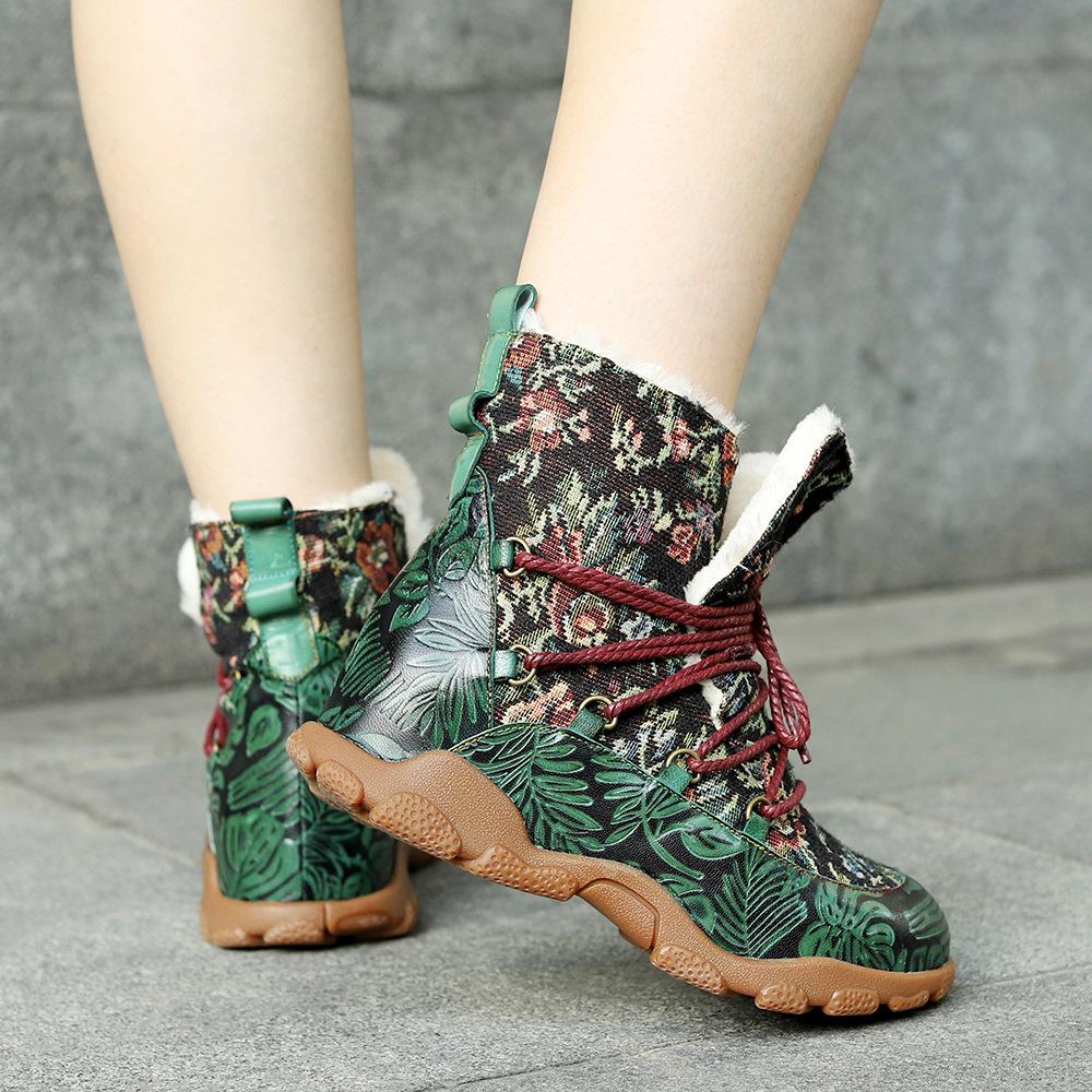 Johnature Botas curtas de inverno femininas quentes e confortáveis, feitas à mão, em couro legítimo, estampado, emendado, pelúcia, retrô