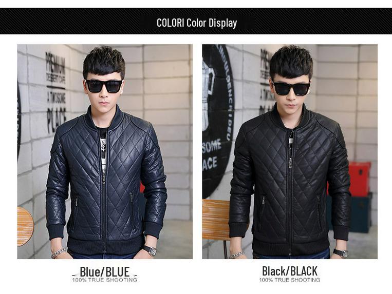 Youth Blue Leather Jacket with Stand Collar, Zipper, Side Pockets, and Round Hem - European-American Style, Winter Collection.