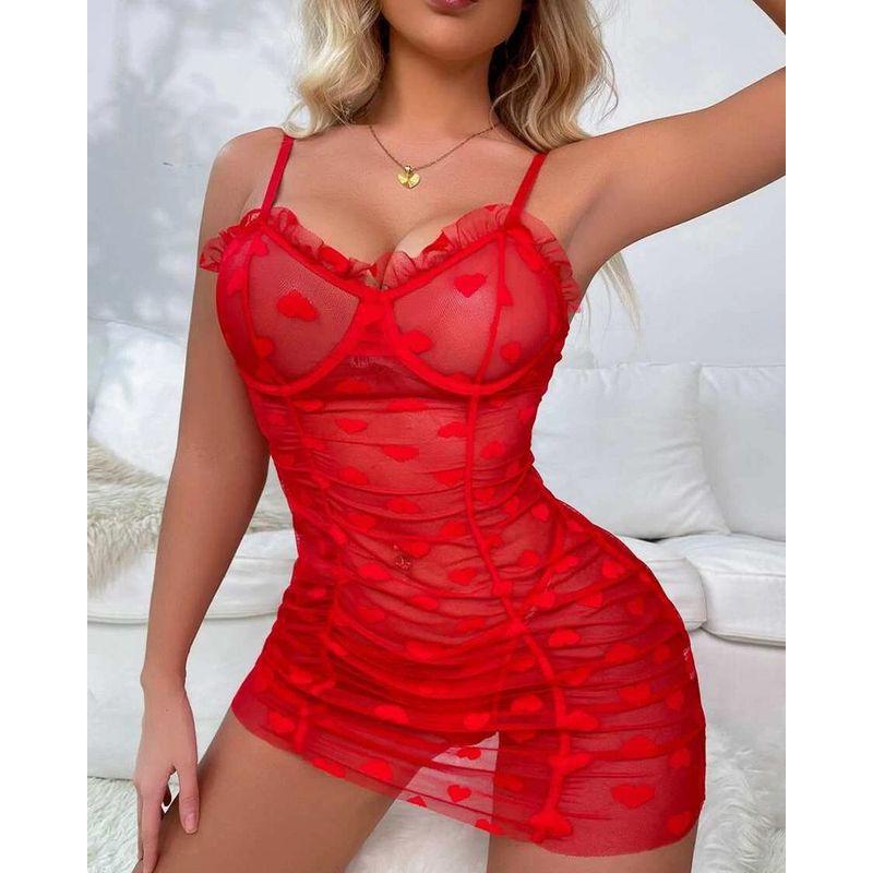 

Fashion Mesh Camisole Sexy Mesh Dress Women Sexy Mesh Solid Color Dress Red XL