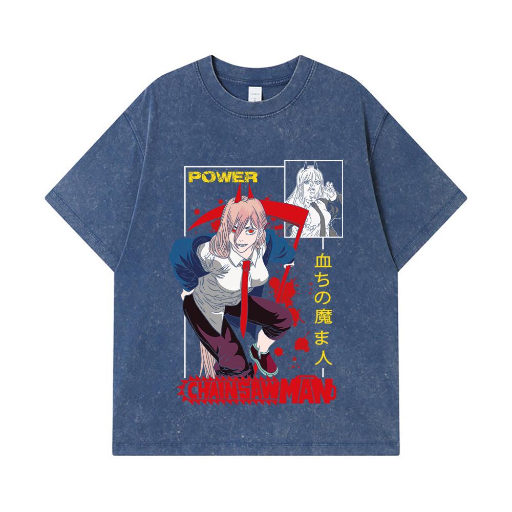 275 GSM Washed T-shirts 100% Cotton Chainsaw Man V40 Power Print Unisex Heavy Cotton T Shirt